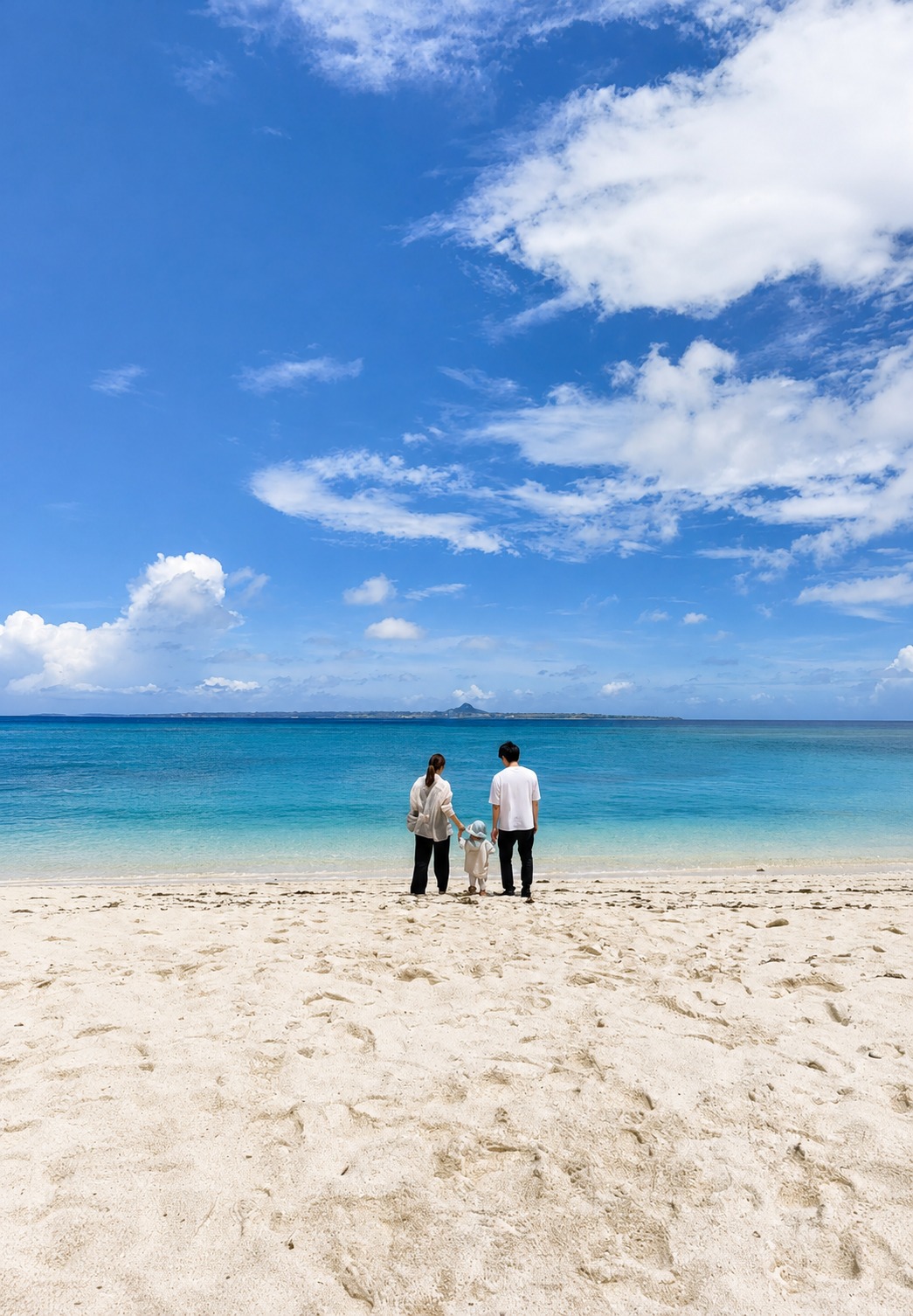沖縄の海を眺めるおきみさファミリー